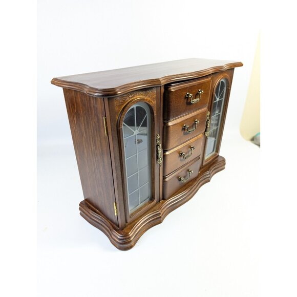 Vintage Large Wood Jewelry Armoire 2 Glass Doors, Mirrors, 4 Drawers Velvet 15" - Picture 3 of 13